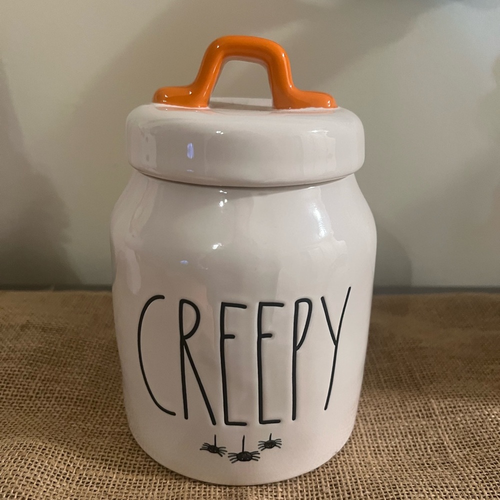 Rae Dunn Baby Creepy Canister with water color spiders
